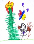 Emily as a little girl by the tree next to the flower and the butterfly is above the flower